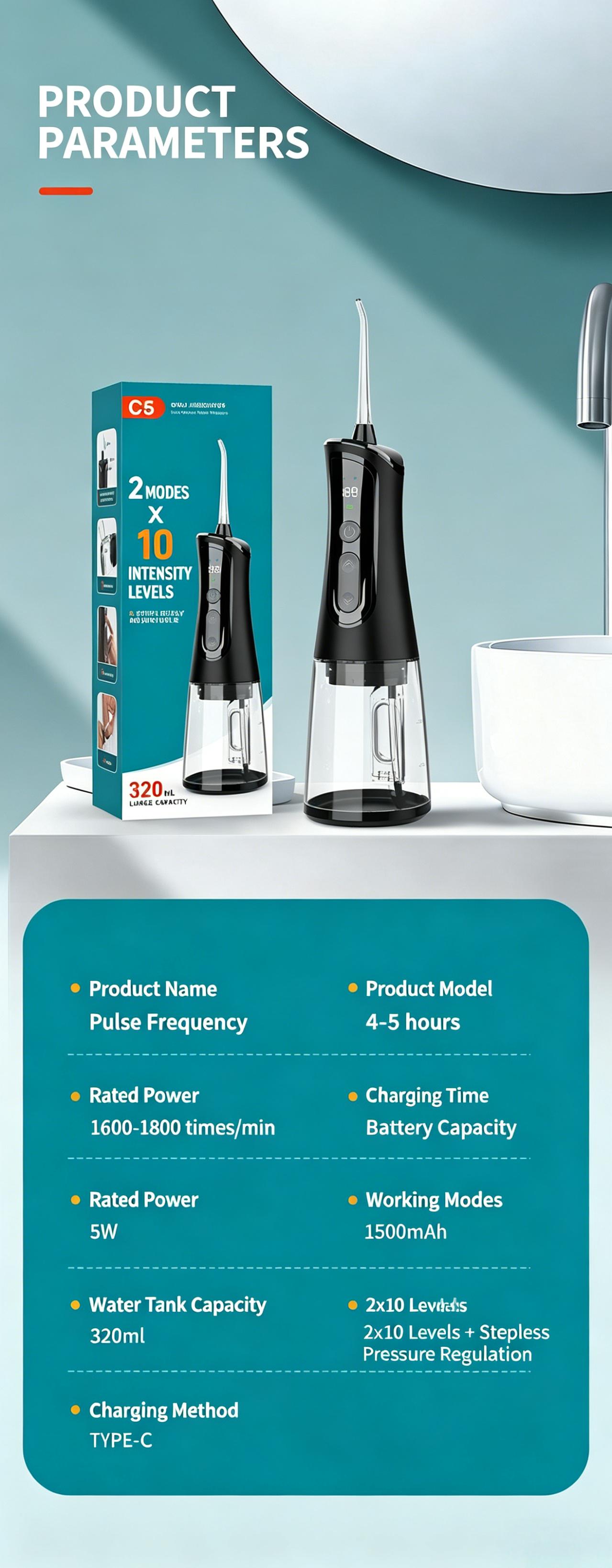 C5 Water Flosser  Wireless Portable Oral Irrigator Portable Wireless Oral Irrigator 320 mL  4 Nozzles  2 Modes  Rechargeable  IPX7 Waterproof Suitable for Braces Wearers  Removes Tonsil Stones/Dental Calculus Oral Plaque Remover smart chip