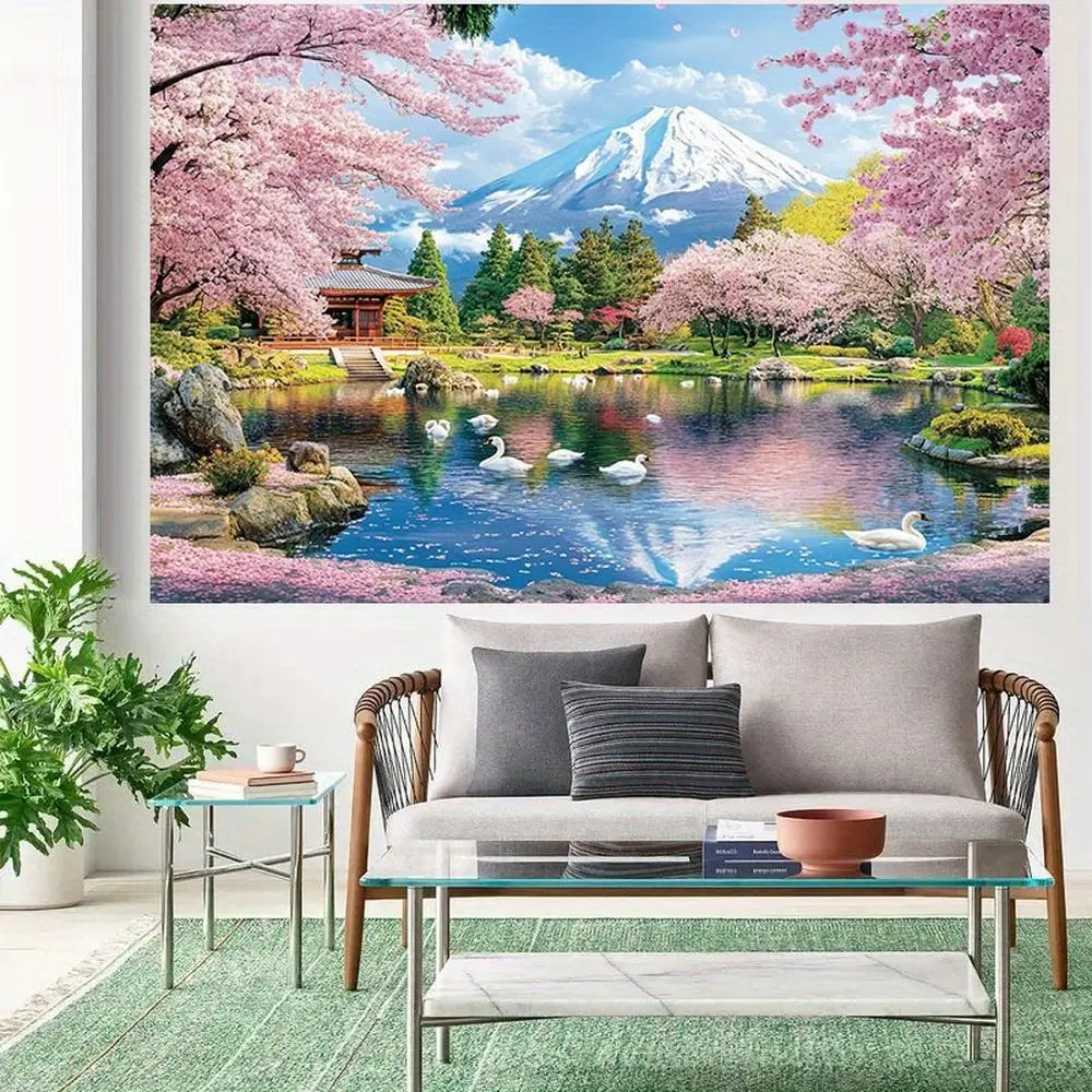 1-Piece Polyester 2D Spring Cherry Print Wall Hanging Backdrop Banner, Romantic Scenic Spring Theme Decor, Various Sizes, Indoor/Outdoor Home Supplies for Japanese Garden, Birthday Parties