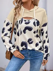 Women's Leopard Patchwork Print 2 IN 1 Cut Out Hoodie, Casual Drop Shoulder Long Sleeve Drawstring Hooded Sweatshirt for Fall & Winter, Ladies Clothes for Daily Wear