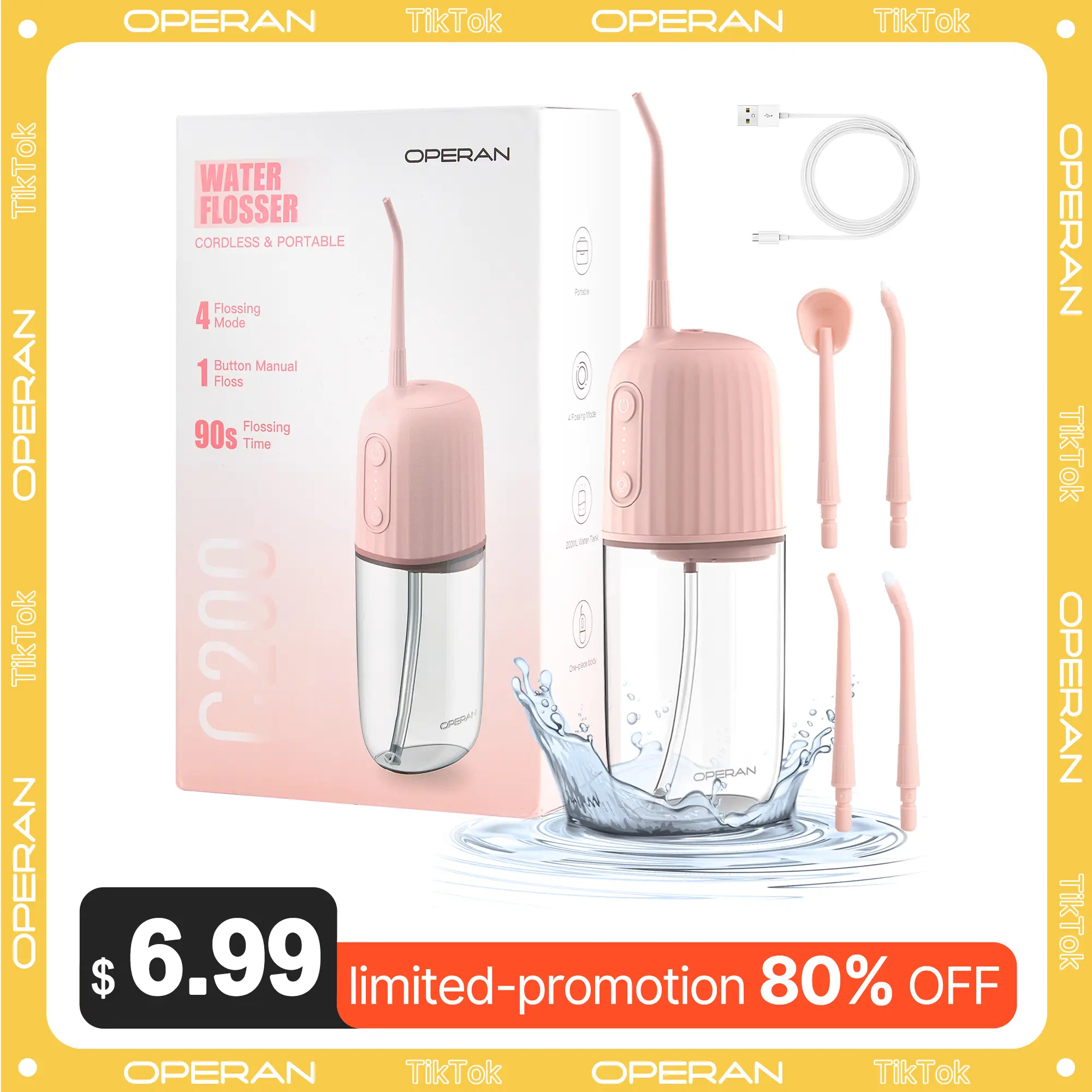 Operan Dental Water Flosser with 4 Modes and Nozzles Rehargeable Portable Cordless Oral Irrigator for Home & Travel,Gift, Electric Teeth Cleaner, dea