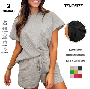 TFNOSIZE Two-Piece Set Women's Solid Textured Batwing Sleeve T-shirt & Drawstring Waist Shorts Set, Casual Round Neck Short Sleeve Top & Pocket Design Shorts for Summer, Ladies Clothes for Daily Wear, Womenswear