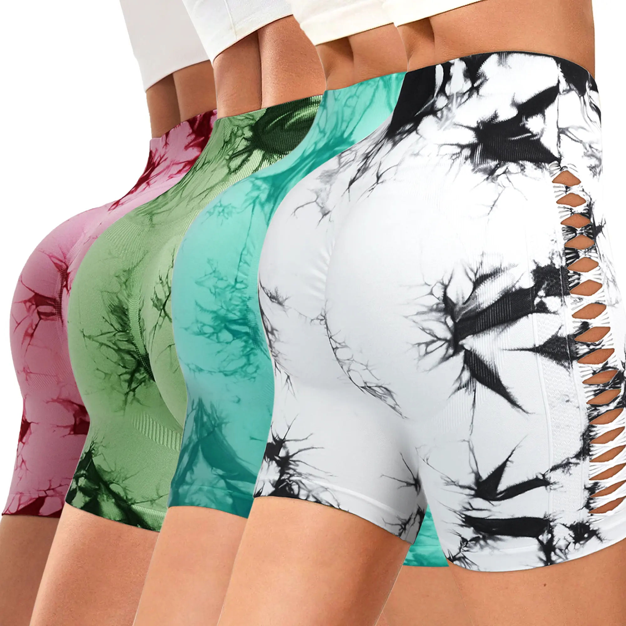 4 Pack Tie Dye Cutout Side Biker Shorts for Women, High Waist Butt Lifting Seamless Workout Shorts, 4-Way Stretch Squat Proof Yoga Athletic Shorts