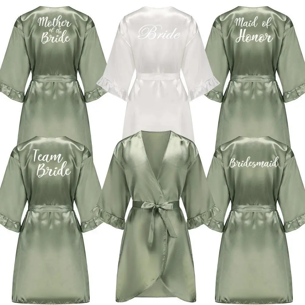 Grass Green Bride Satin-Silk Robe Women Bridal Party Sister Team Mother Shower Gift Bridesmaid Wedding Short Robes with Ruffle