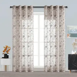 4-Panel 52"x90" Faux Linen Grommet Curtains, Elegant Allover Embroidery, Breathable Drapes for Living Room & Bedroom Home Decor, FT2988 Summer Gift #SummerVibes