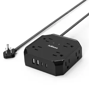 5 Ft Braided Extension Cord with Multiple Outlets, Flat Plug Surge Protector Power Strip, 8 Outlets and 4 USB Ports (2 USB-C, USB C Compatible), Desk Charging Station for Home Office, College Dorm Room Essentials, Extension Cable