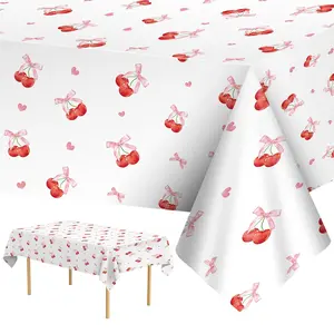 2 Pcs Cherry Birthday Decorations Tablecloth - White and Pink Fruit Table Cloth, Disposable Plastic Rectangle Cherries and Bows Desktop Cover for Cherry Desktop Decor Bday Party Supplies Favor
