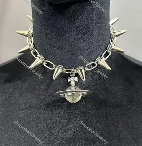 Y2K Style Queen Mother West Little Saturn PearlHorseshoe Nail Bone Necklace 3D Planet Necklace Bracelet Titanium Alloy Daily WearParties Stackable Clavicle Chain 44-48cm Length 10mm Sphere