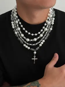 4 Piece Trendy Hip Hop Cross Crystal Pearl Style Men's Necklace Set, Retro Fashion Jewelry for Parties and Everyday Wear, Necklaces Men