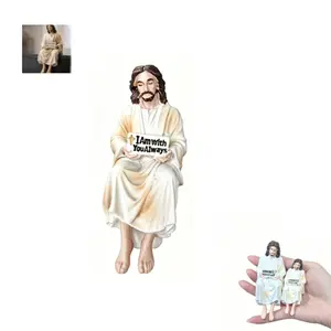 Jesus Resin Desk Companion Statue, Car Dashboard, Home Office Desk Decoration Jesus Christ Statue with "I Am With You Always" Sign, Handmade Sitting Religious Decoration