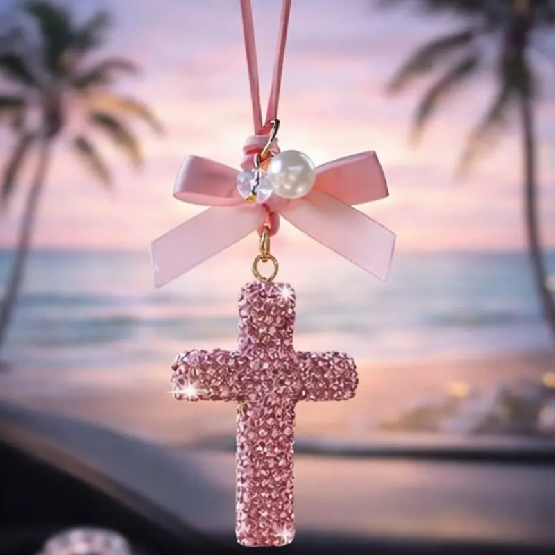 Bling Rhinestone Cross Car Charm with Bow Rearview Mirror Hanging Cute Aesthetic Car Accessories Sparkly Crystal Pendant Gift for Women Car Hanging Decoration Car Ornament Car Decorations Sparkling Car Accessories (Pink Black White Red)