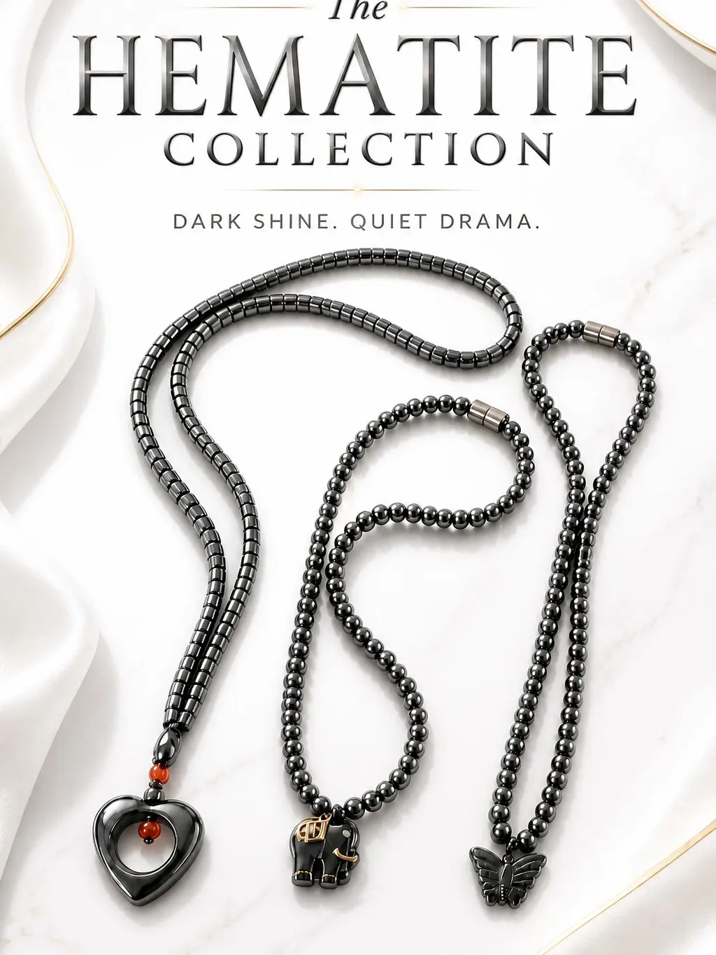 Magnetic Hematite Necklace Set, Polished Geometric Classic Design - 2 Bead Necklaces, 24" Pendant, Complimentary Hematite Bracelets Free, Meaningful Gifts for Costume Jewelry Lovers, Easy Magnetic Clasp, Anniversary, Birthday