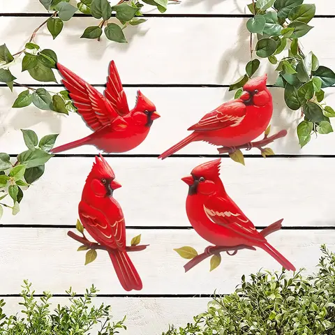 4 Pack Cardinal Metal Decorative Wall Art, Iron Birds Outdoor Sculptures, Indoor/Outdoor Decor, Handmade Bird, Whimsical Fence & Garden Decor for Living Room