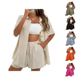 Linen Shorts Sets for Women 2 Piece Casual Short Sleeve Button Down Shirts Wide Leg Shorts Lounge Set