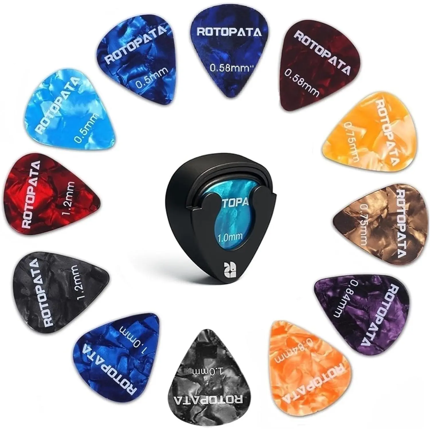 18 Pack Celluloid Guitar Picks with Organizer Storage Box & Holder Case,0.5 0.57 0.75 0.84 1.0 1.2 mm Six Timbres and  Thicknesses & Variety Colorful Plectrums for Bass Electric Acoustic Ukulele