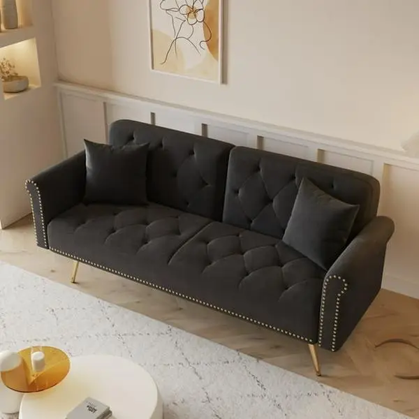 71-in Convertible Futon Sofa Bed - Modern Reclining Loveseat Couch with 2 Pillows for Living Room, Black furniture apartment small sectional boneless discount cloud frameless double