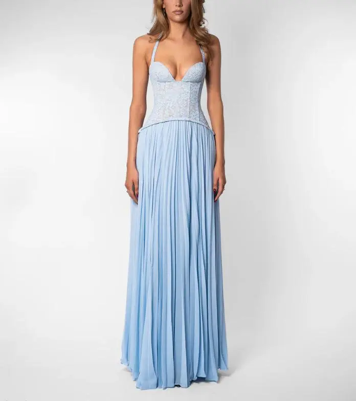 2026 New Women's Sexy Halter-Neck Backless Low-Cut Ruched Cami Dress with Cinched Waist Womenswear