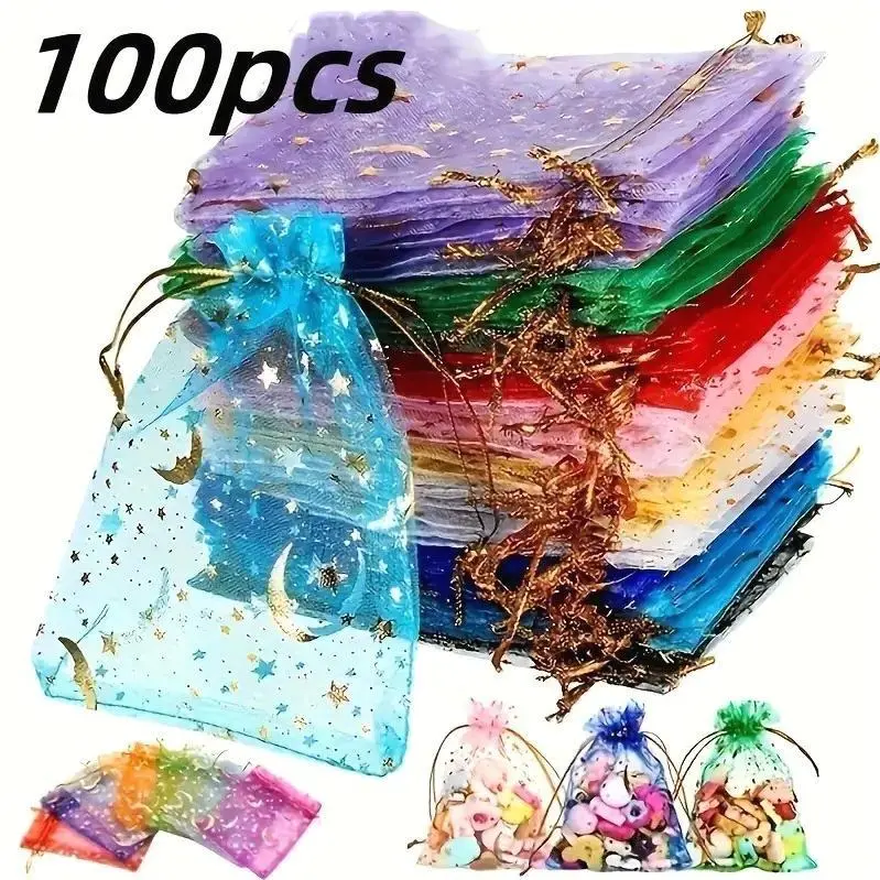 100PCS Moon Star Organza Bags, 2.8x3.5 inch Wedding Favors Bags with Drawstring, Mixed Color Little Mesh Candy Gift Pouches for Party, Jewelry, Christmas, Festival Party Favor Bags Halloween Christmas, Satin Gift Bags, Event Giveaways, Wedding Gifts