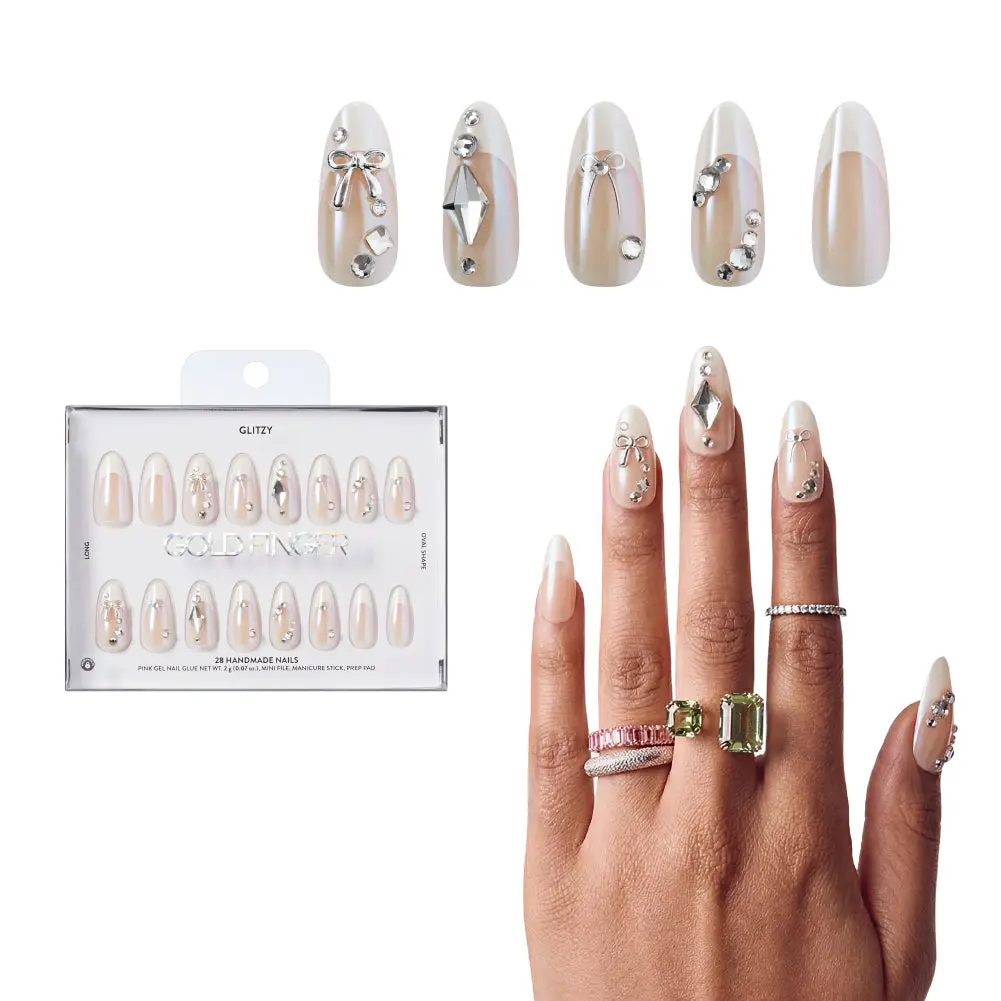 Gold Finger Glitzy 3D Press-On Nails in Regency – Long Oval Fake Nails, Pearlescent with Silver Bows & Rhinestones, Luxury Glue On Nails, 28 Pc Kit