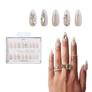 Gold Finger Glitzy 3D Press-On Nails in Regency – Long Oval Fake Nails, Pearlescent with Silver Bows & Rhinestones, Luxury Glue On Nails, 28 Pc Kit