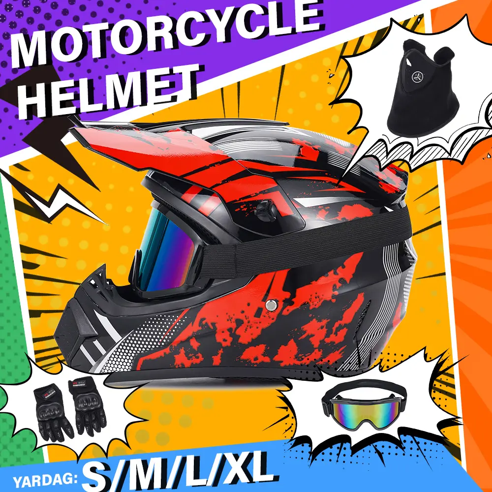 Rider Cycling Motorcycle Protective Suite: Red Helmet + Anti-Fog Goggles + Breathable Mask + Grip Gloves - Full Coverage Bundle