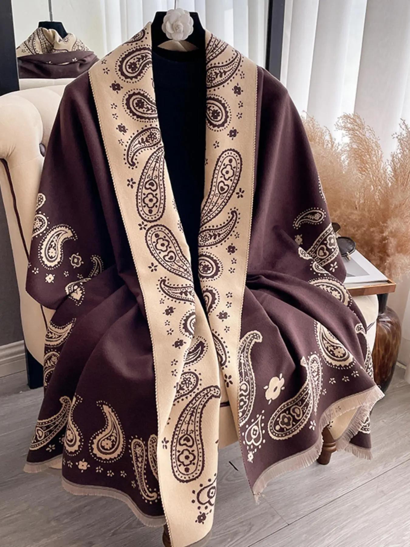 Women's Boho Style Paisley Print Double Sided Scarf, Blanket Scarf, Casual Soft Warm Shawl for Daily Wear, Fashion Accessories for Women & Girls