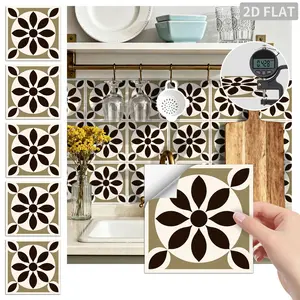24PCS FHZ Brown Vintage 8-Petal Flower Geometric Tile Stickers PET Matte Peel and Stick Backsplash Waterproof Oil Proof Wall Decor for Kitchen Bathroom