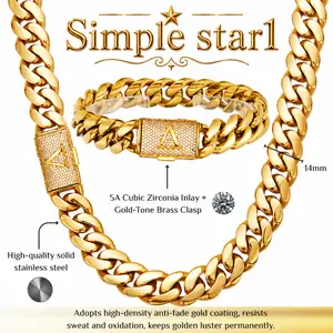 Luxury Gold Stainless Steel Miami Cuban Link Necklace & Bracelet Set for Men, 14MM Heavy Cuban Chain Set with A-Z Cubic Zirconia Initial Clasp - Men's Accessories, Beach Essentials, Chains for Men,Hip Hop Style, High-End        necklace  camera  boyfriend
