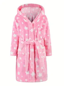 Kids Pink Star Print Soft Plush Hooded Belted Bathrobe for Girls, Ideal Kids Girl Stuff & Kids Stuff for Girls, Cute Cozy Kids Clothing Girls, Trendy Teen Girl Clothes