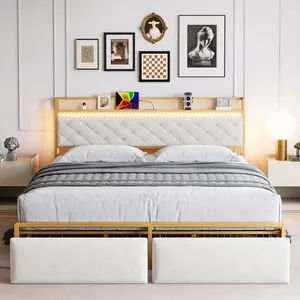 【Christmas Gift】White King size bed  King Size Bed Frame, Platform Bed Frame With RGB LED Lights And 2 Storage Drawers Headboard, Upholstered Bed Frame With USB Ports & Outlets And Storage Headboard, Noise Free, Whi