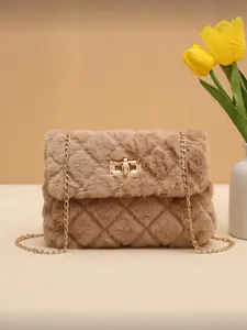Women's New Fashion Chain Shoulder Bag, Plush Puff Lock Buckle Small Square Bag, Crossbody Shoulder Purses, Perfect Match for Autumn Women's Clothing