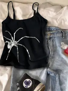 Women's Slim Fit Spaghetti Strap Tank Top, Spider Print, Adjustable Straps, Casual Fashion, All Seasons, Daily Wear & Gym