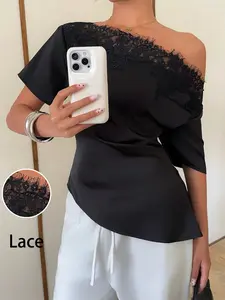 Ladies' slanted shoulder lace patchwork shirt, French satin top, high-end base shirt, asymmetrical shoulder collar design, elegant and mature French style, suitable for spring, summer and autumn, party gatherings, date parties, daily commuting