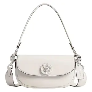 COACH Saddle Emmy 23 Medium Leather Satchel Bag with Tea Rose Pattern and Swivel Lock for Women in Pink and White