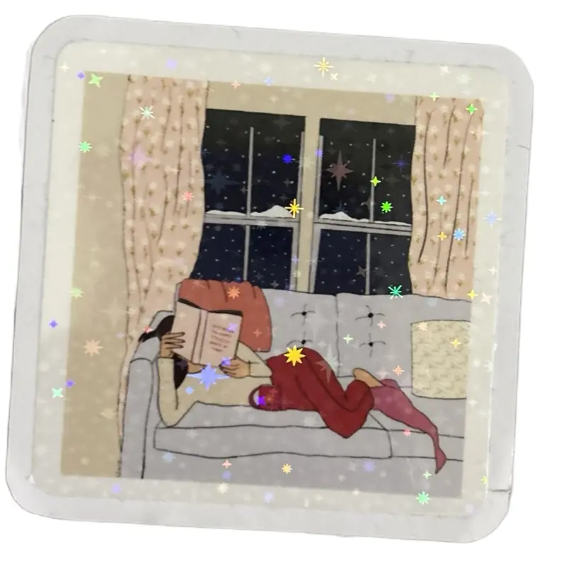 Cozy Night Inn Sticker - Relaxing Reading Scene with Stars and Curtains for Home Decor