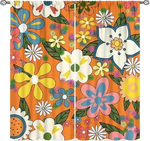 YCness Retro 70s Floral Curtains, Orange Hippie Groovy Flower Pattern Window Treatments for Home Bedroom Living Room Bedroom, Vintage Funky Floral Print Drapes 2 Panels,42x45 Inch Decor