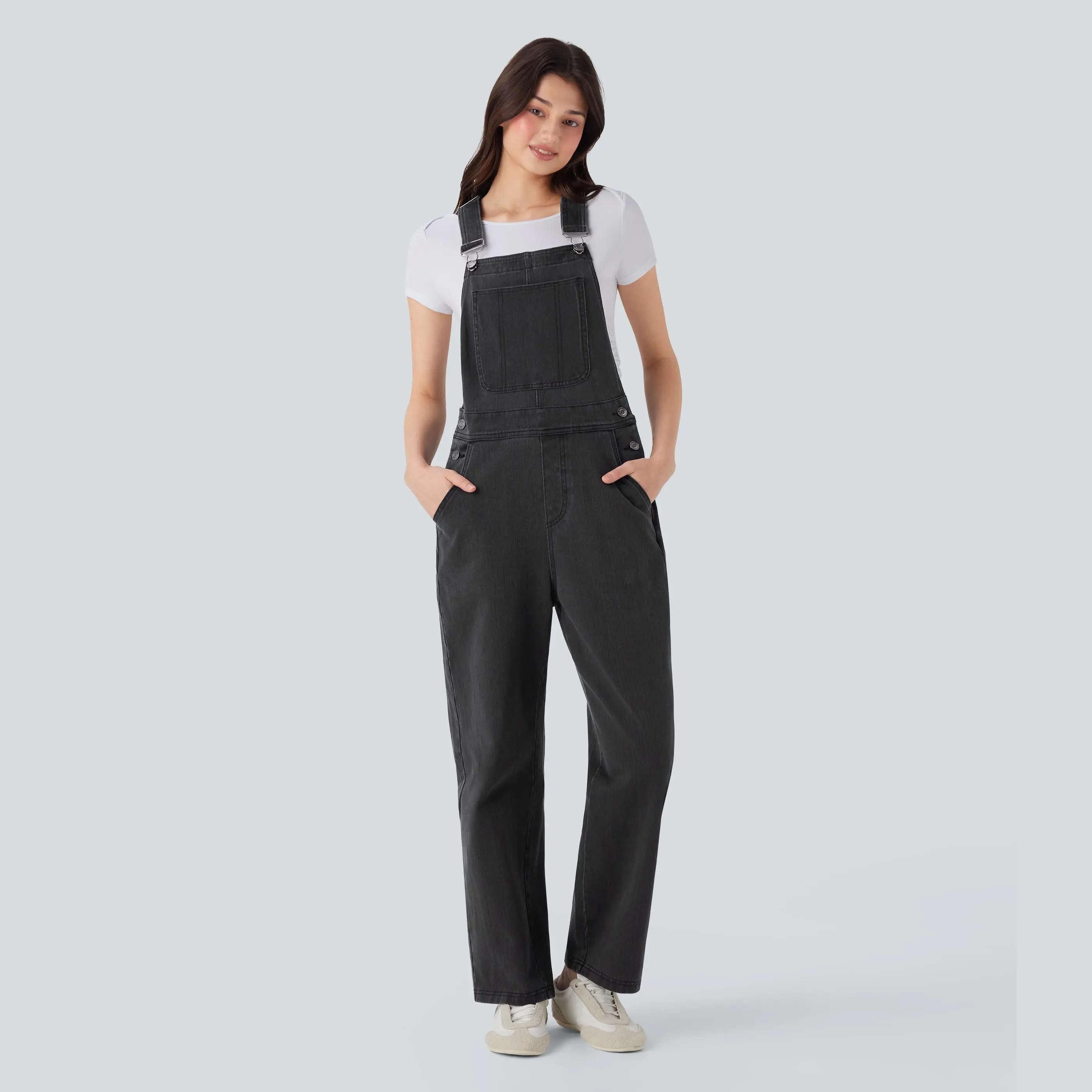 Halara Flex Button Straight Leg Stretchy Knit Denim Casual Overalls with Multiple Pockets