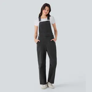Halara Flex Button Straight Leg Stretchy Knit Denim Casual Overalls with Multiple Pockets