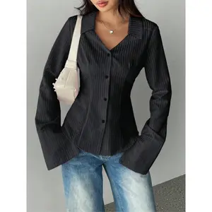 Women’s striped button-collar loose long-sleeve shirt blouse, casual chic style top for office commute, lightweight comfortable top
