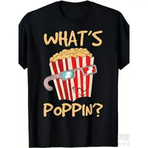 What's Poppin' Corn Snackie Theater Salt Popcorn T-Shirt - Retro Movie Theater Graphic Tee with Popcorn Kernel Print, Unisex Short-Sleeve Shirt for Men & Women, 100% Cotton 220G, Casual Summer Apparel