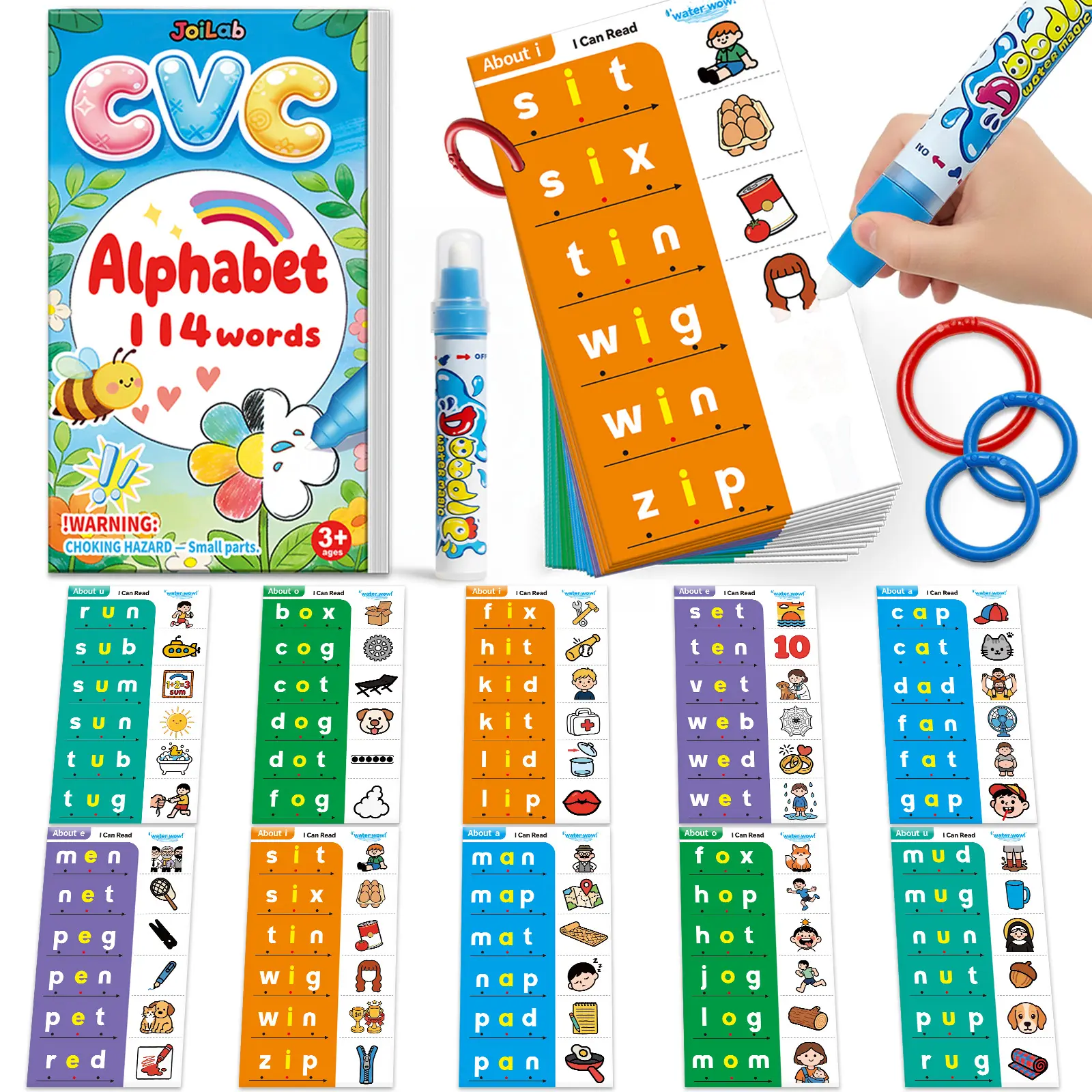 JoiLab CVC Word Writing Spelling Games: Phonics Flash Card Water Coloring Card with 114 Word No-Mess Drawing for Classroom Homeschool Preschool - Learning Activity Educational for 3 4 5 6 Year Old Kid