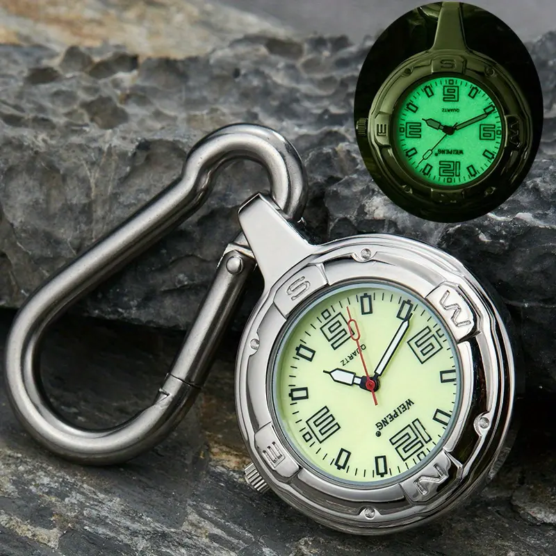 Unisex Fashion Alloy Metal Round Clip-On Carabiner Pocket Watch - Silvery Luminous Dial Quartz Watch for Outdoor Sport, Fashion Accessories