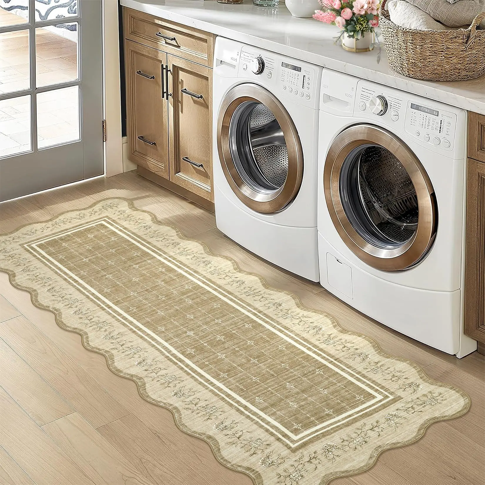 Scalloped Kitchen Runner Rug 2x6 Runner Rug Washable Hallway Runners Non Slip Non-Shedding Foldable Mat Modern Soft Indoor Low Pile Carpet Solid Long Rugs for Entryway Bedroom Laundry Camel
