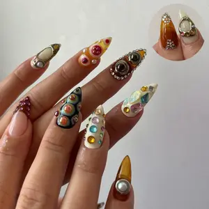 Colorful Gemstone Press On Nails | 3D Pearl & Jewel Nail Art | Vibrant Pearl Accent Fake Nails |Color Pop Art Nails |Artistic Nails