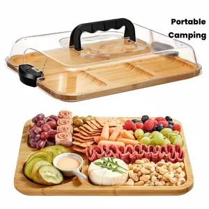 Portable Bamboo Cheese Platter with Transparent Acrylic Lid, Ideal for Camping Parties Restaurants, Holiday Appetizers Snack Serving Tray