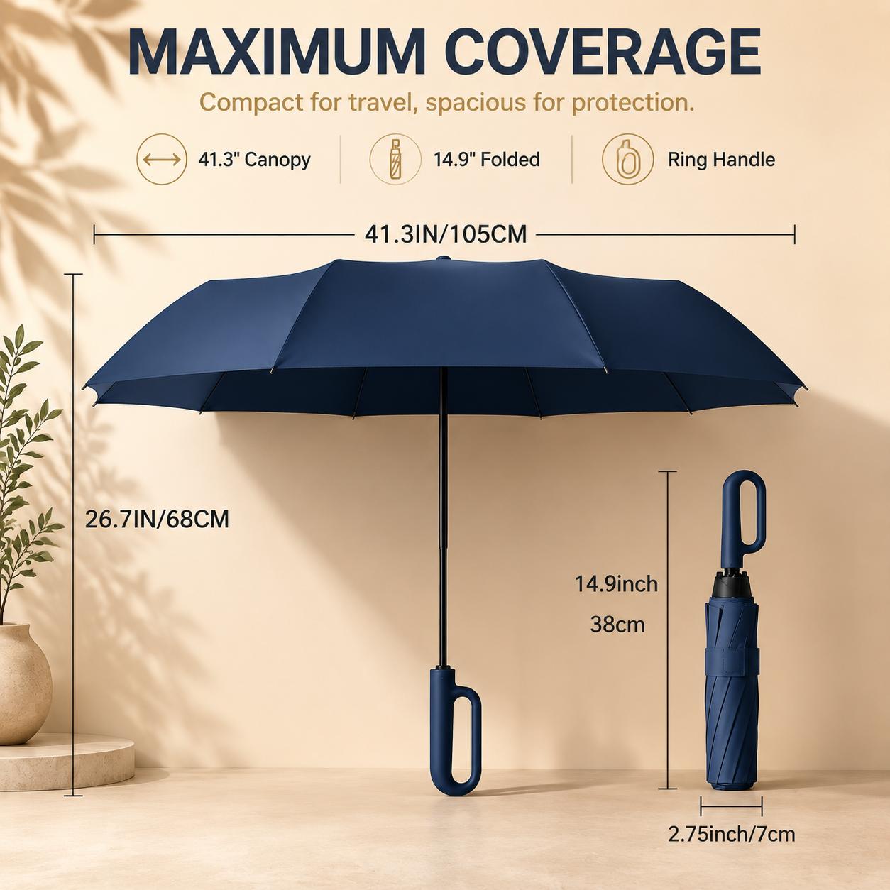 14 in Automatic Open & Close Folding Rain & Sun Umbrella, Ring Handle, Waterproof Windproof Lightweight Portable for Men & Women