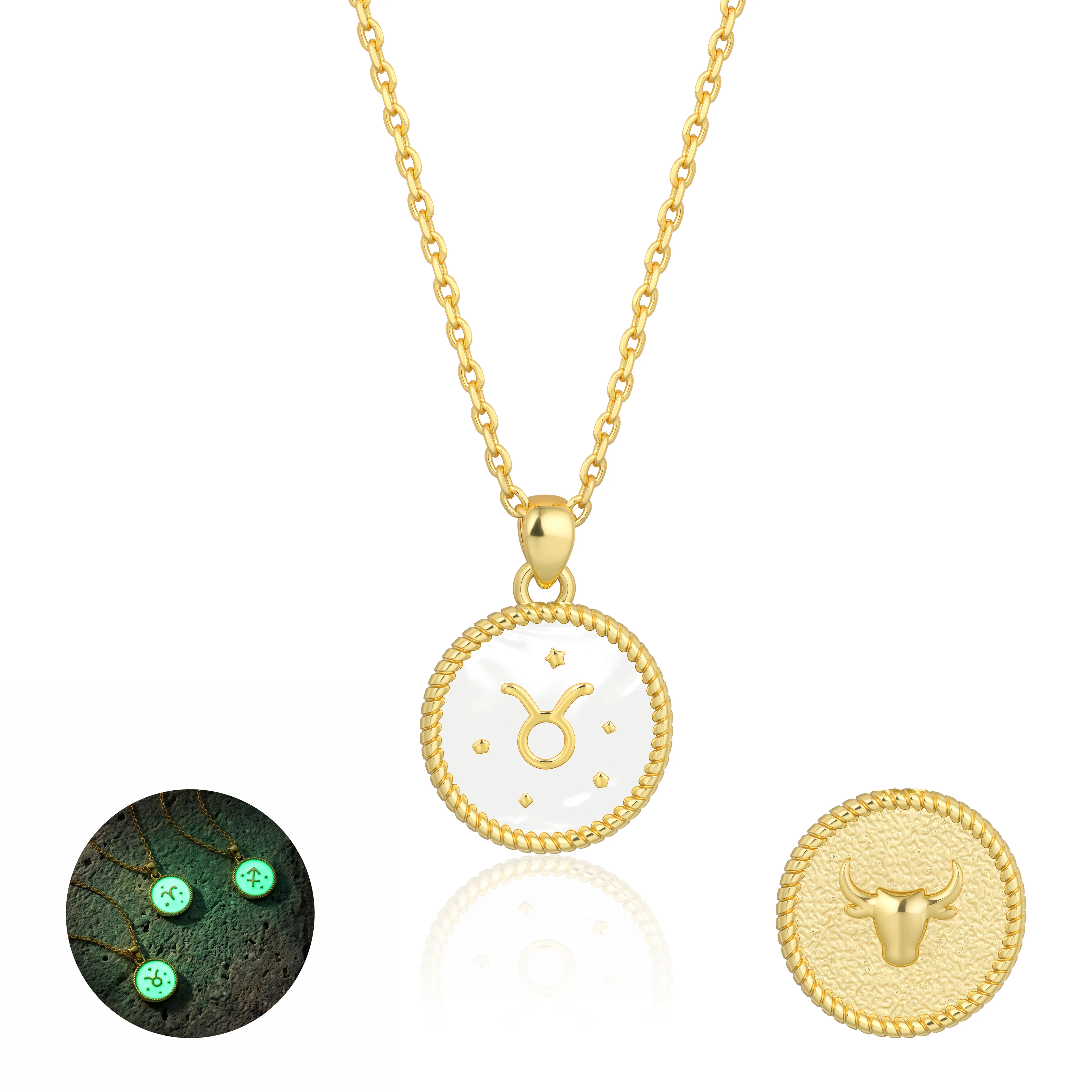 Aprilery Zodiac Sign Glow in the Dark Reversible Necklace, Personalized Horoscope White Enamel Charm Pendant, Astro Constellation Jewelry for Women Aesthetic Gift