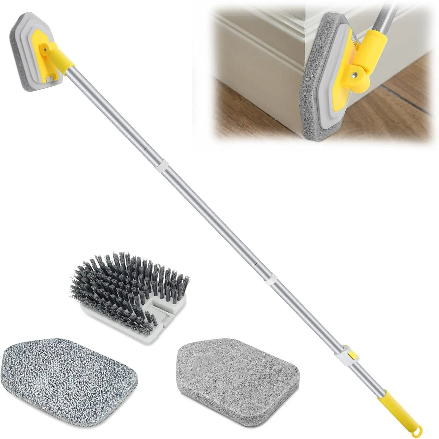 Baseboard Cleaner Tool with Long Handle 3  Cleaning Brush Pads, 52'' Shower Wall Cleaner  Baseboard Duster for Bathroom Wall Floor Skirting Bathtub Window Scrubbing
