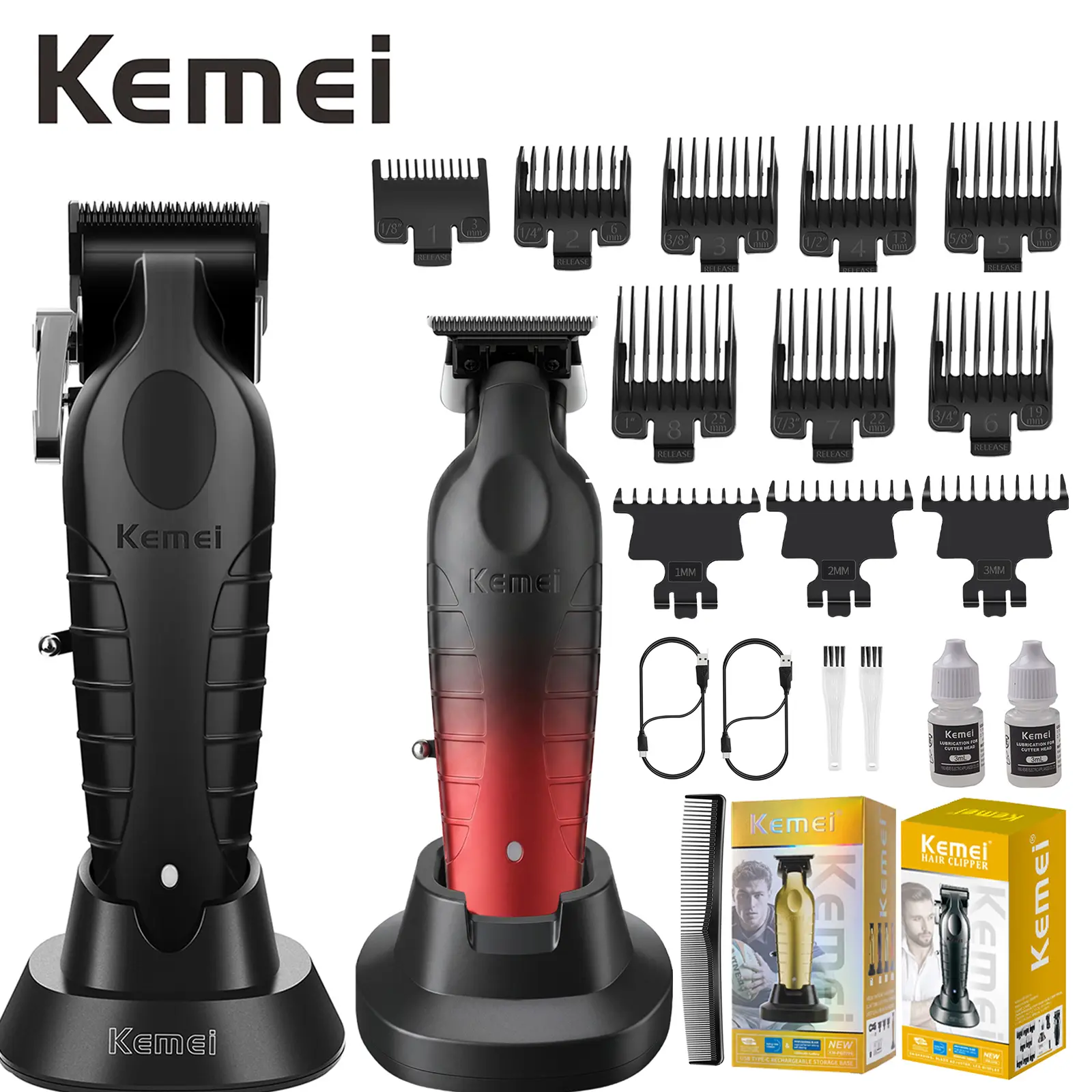KEMEI Professional Hair Clipper and Trimmer Set, Cordless Barber Clippers, Beard Trimmer for Men, Professional Hair Cutting and Grooming Kit, KM-PG2099, KM-2296