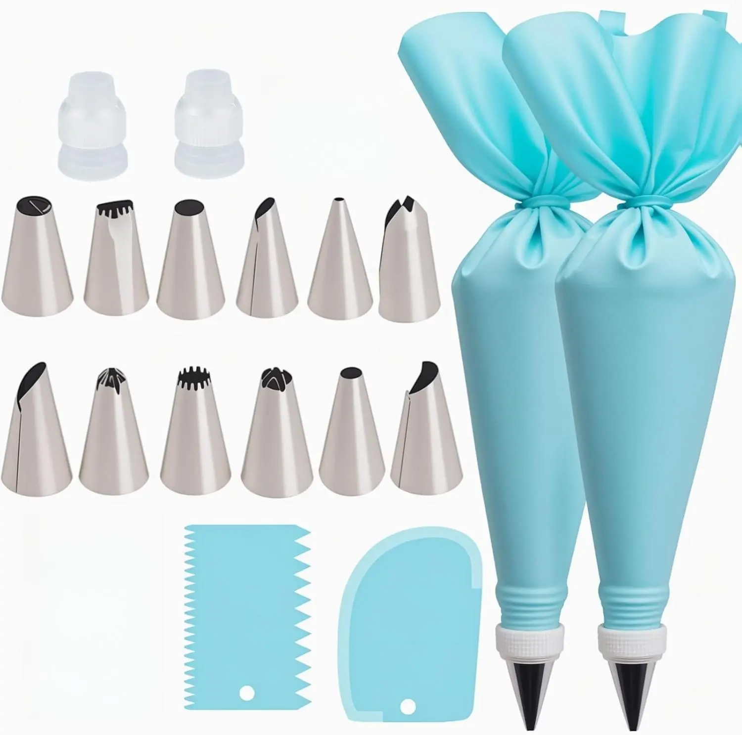 Piping Bags and Tips Set, Reusable Cake Decorating Supplies with 2 Reusable Bags, 12 Icing Tips, 2 Silicone Rings, 2 Couplers and 3 Scrapers, Cake Baking Tools for Cookie Icing Cupcakes, Bakeware