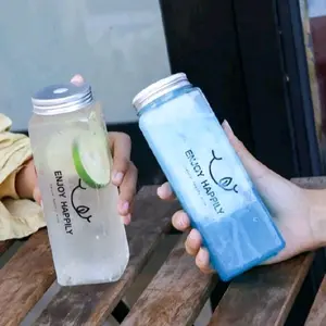 Square Plastic Bottle with Lid (500ml)- Reusable Drinkware for Water and Beverages